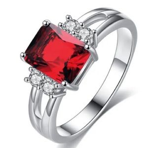 Ruby Red and white CZs size 8 Ring Silver Filled